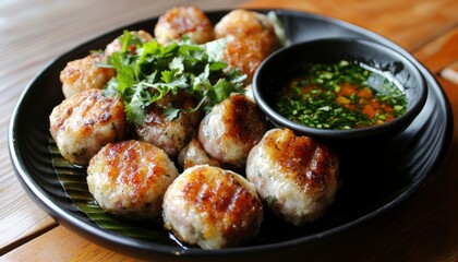 Fototapeta premium Fried meat balls with dipping sauce