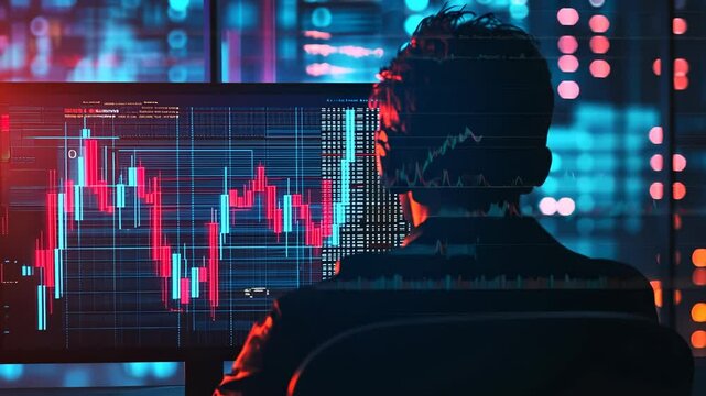 Coder reviews data with red chart blocks on screen. Coding tools support data review. Digital charts visualize data. Focused developer in coding process. Coding layout shows error charts