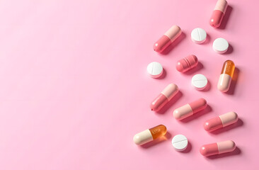 Assorted colorful pills and capsules scattered on a pink background. Concept of medicine, pharmacy, and healthcare