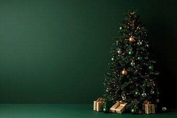 Christmas tree, gifts, dark green backdrop