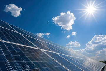 Solar panels under a bright sky