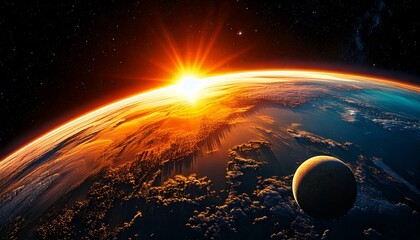 Obraz premium Amanecer en la Tierra desde el espacio: Iluminación de la hora dorada de los planetas del cosmos contra un cielo de hermosos colores; imagen de fondo conceptual, espacio de copia, fondo de pantalla