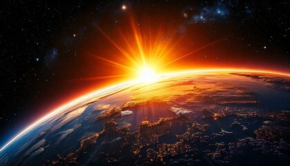 Obraz premium Amanecer en la Tierra desde el espacio: Iluminación de la hora dorada de los planetas del cosmos contra un cielo de hermosos colores; imagen de fondo conceptual, espacio de copia, fondo de pantalla