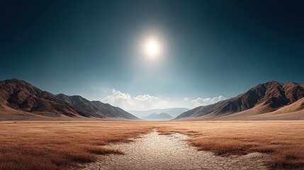 Obraz premium A barren, sunlit landscape with no shade in sight, the ground parched and the heat radiating from the earth under the intense hot weather