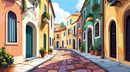 Digital illustration depicts a charming, sunlit cobblestone street lined with colorful buildings and flower-filled...