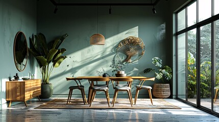 Bright minimalist interior with open dining area, clean-lined table and chairs, sage green accent wall, high detail, natural shadows 