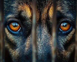 Dog with brown eyes gazing through metal fence in close-up.