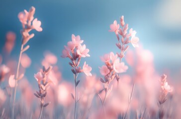 Pastel Pink Flowers: A Serene Floral Field at Sunrise