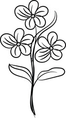 Simple Line Drawing of Three Flowers on a Stem with Leaves