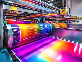 Industrial printing machine with multi-colored cylindrical rollers in factory setting.