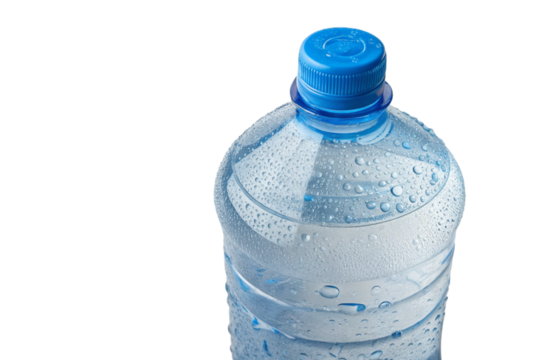 A transparent plastic bottle of clean mineral water, a healthy and fresh beverage, is isolated on white