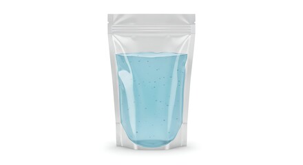 Clear pouch filled with blue liquid on white background