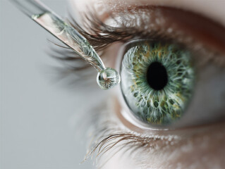 Close-up of a woman's eye with a dropper applying clear liquid to the lashes. Represents skincare, eye drops, cosmetics, or eyelash serum.

