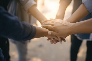 Diverse group of hands stacked together, symbolizing unity and teamwork.