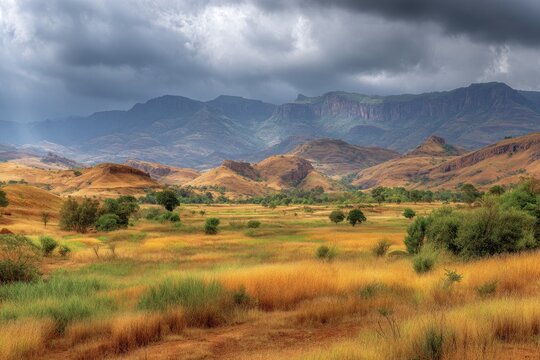 Stunning vista of a dry, golden landscape with dramatic mountains in the distance under a stormy sky