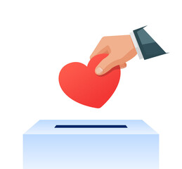 Hand putting heart in donation box. Donation, volunteering, supporting, humanism, charity concept. Vector illustration.