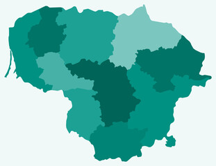 Map of Lithuania with regions. Just a simple country border map with region division. Teal color palette. Plain Lithuania shape with administrative division. Vector illustration.
