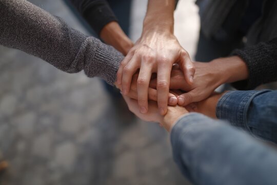 Diverse group of people stacking hands, showing unity and teamwork.