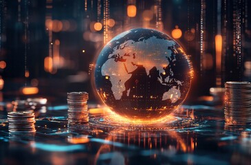 Global Finance: Illuminated Earth with Coin Stacks, Futuristic Style