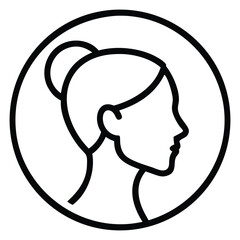 Minimalist line drawing depicts a woman&rsquo;s profile with her hair up in a circle