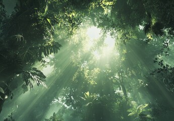 Obraz premium Sunlit Rainforest Canopy: A Serene, Lush Green Escape