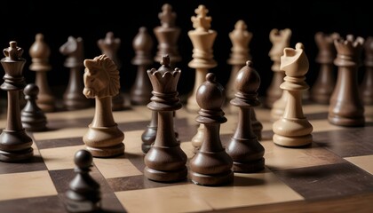Close-up perspective of a chess game, with pieces set up and ready to begin the competition.