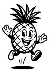 Black Outline Cartoon Jumping Pineapple. Graphic Element Vector Illustration of Happy Fruit Character.