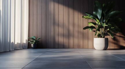 Serene Minimalist Interior: Sunlit Plants and Wood Walls