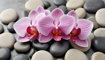 Vibrant pink orchid blossoms resting on a bed of grey river stones, perfect for spa