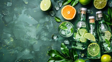 Refreshing summer drinks in bottles with tropical leaves and citrus fruits on a green backdrop