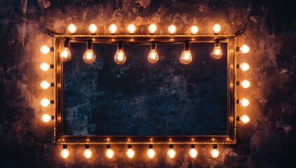 Vintage makeup mirror with warm Edison bulbs.  A framed mirror, lit by vintage-style bulbs, against a textured dark background.  The frame is ornate and golden, the bulbs creating a warm glow