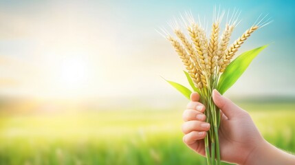 A farmer s hand gently holding a sheaf of wheat, highlighting the beauty of agriculture and tradition.