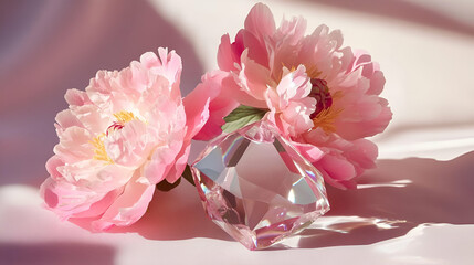 Pink Peonies and Crystal Perfume Bottle Still Life