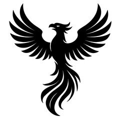 Black Silhouette Phoenix Bird. Graphic Element Vector Icon Symbolizing Rebirth, Resurrection, Power, or Mythology.