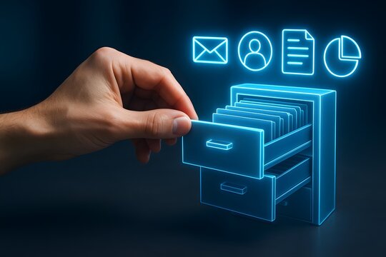 A user’s fingers interact with a 3D digital filing cabinet interface floating above their hand. Concept of intuitive records management and secure archiving.