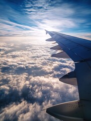 View From an Airplane Wing Soaring Above Clouds With Morning Sunlight Illuminating the Sky Generative AI