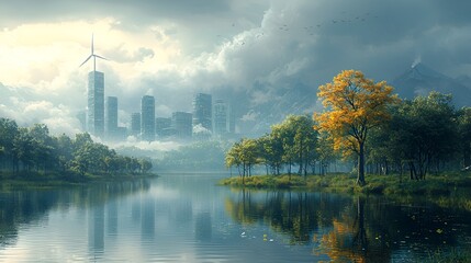 Naklejka premium Futuristic city skyline reflected in calm lake, surrounded by lush autumnal trees and mountains under cloudy sky.