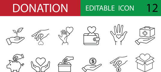 Editable donation icon set with 12 clean line art designs featuring hands, hearts, coins, and charity symbols. Ideal for charity, fundraising, giving, and humanitarian concepts.