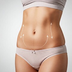 Tummy Tuck. Cropped Shot Of Female Body With Flat Abdomen And Drawn Mesh, Creative Collage With Unrecognizable Young Woman In Underwear Demonstrating Liposuction Or Plastic Surgery Result On Abs