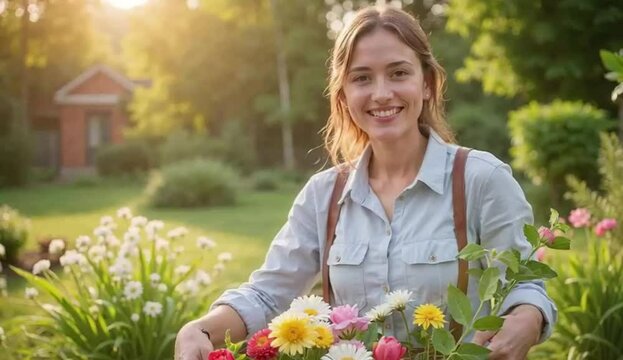 Young Woman in Garden Modestly Smiling While Holding a Basket of Garden Flowers