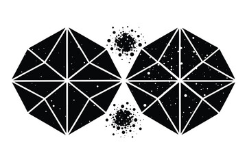 Symmetrical Abstract Gemstones, Dark Geometric Shapes with White Lines & Particles, Vector art