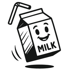 Black Outline Cartoon Milk Carton Character. Graphic Element Vector Icon Representing Drink, Beverage, Food, or Fun.