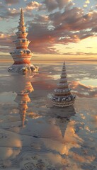 An enormous seashell serving as the base for a towering structure rising skyward