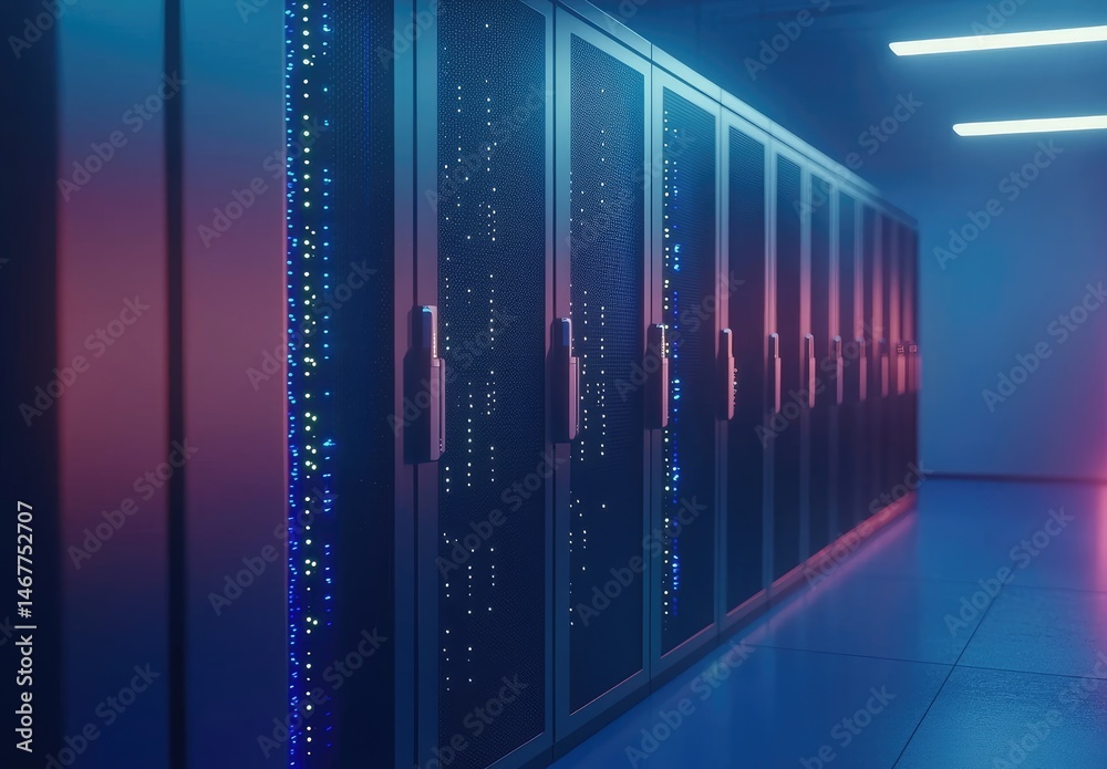 Poster colorful neon-lit server cabinets in a misty data corridor with futuristic atmosphere, ideal for cyb