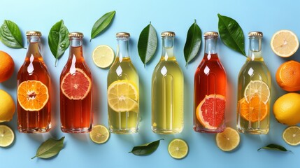 Refreshing summer drinks in bottles with tropical leaves and citrus fruits on a blue backdrop