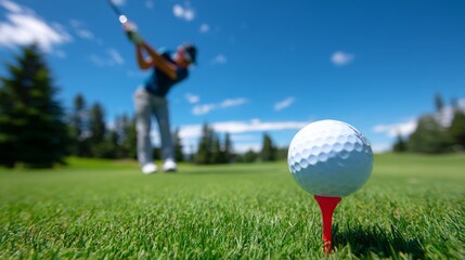 Close-Up of Golf Ball on Tee with Golfer Preparing to Swing