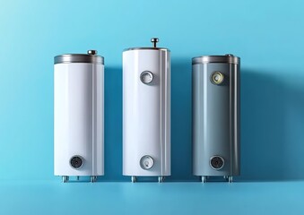 Three white water heaters with gauges on light-blue background.
