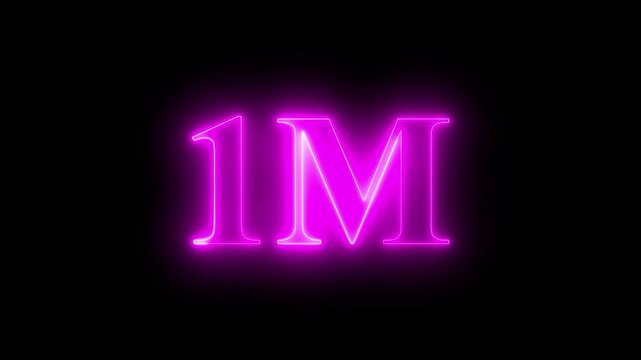 Neon 1m text effect video motion on black background. Glowing sign effect florescent text for social media follow subscription motion. 4k
