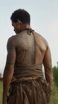 Muscular dark-skinned man showcasing his full back and arms tattoo, wearing traditional ethnic clothing standing outdoors during daytime