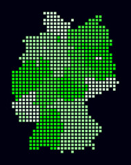 Obraz premium Germany dotted map. Digital style map of the country on dark background. Germany shape with square dots. Colored dots style. Large size squares. Beautiful vector illustration.